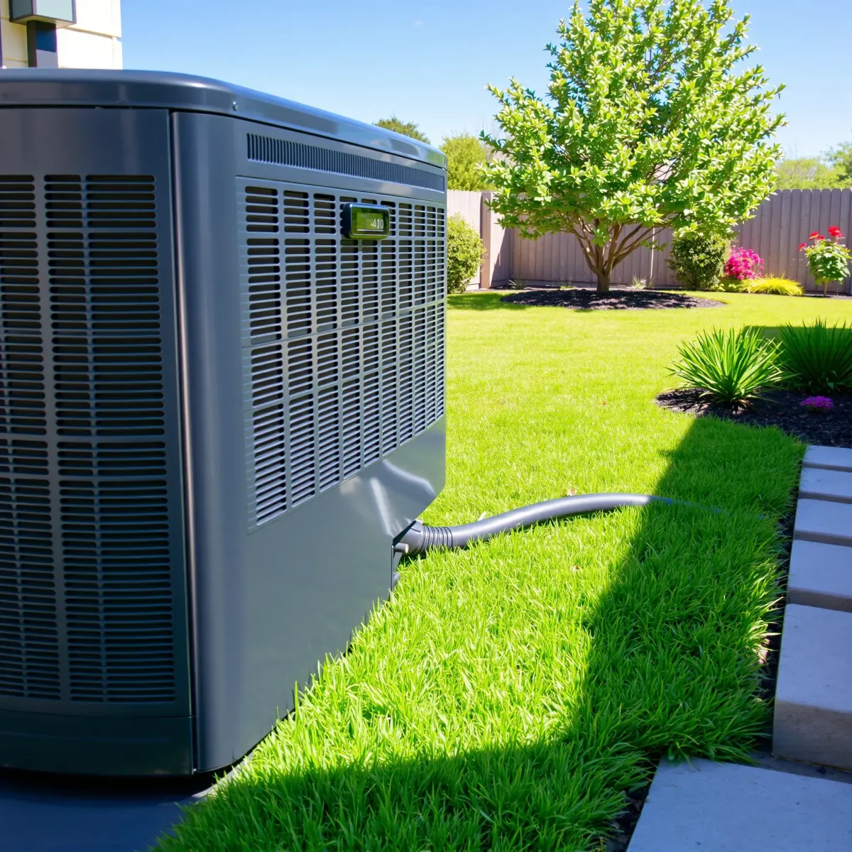 Professional AC repair scene on a modern outdoor unit in Lake Dallas, TX, with lush lawn and clear blue sky.
