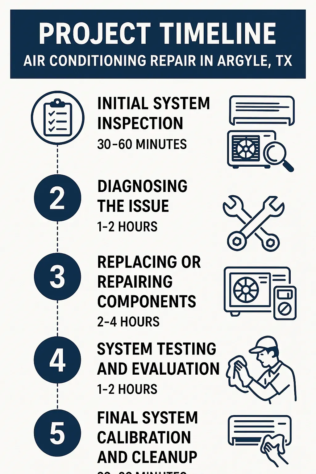 Infographic illustrating Air Conditioning Repair project timeline in Argyle, TX with five detailed, visually appealing steps.