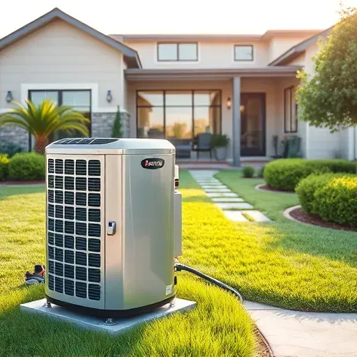 Freshly serviced outdoor air conditioning unit on landscaped lawn in Saginaw Texas near modern home