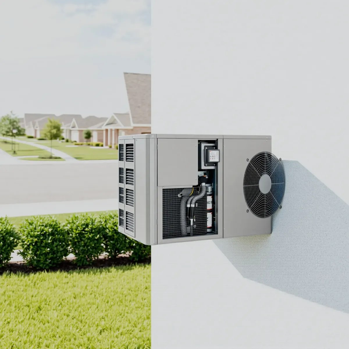 Completed HVAC repair in Justin, TX with a sleek indoor unit on a modern wall, showcasing professionalism and craftsmanship.