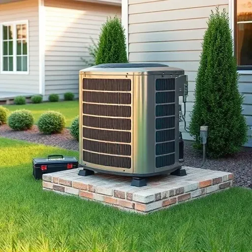 Repaired high-efficiency outdoor air conditioning unit in Justin TX on a clean pad with lush backyard and modern home siding