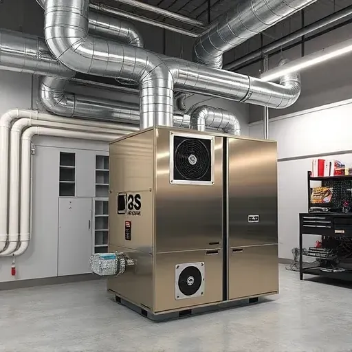 Modern HVAC system in a sleek commercial building mechanical room with ductwork, vents, and control units.