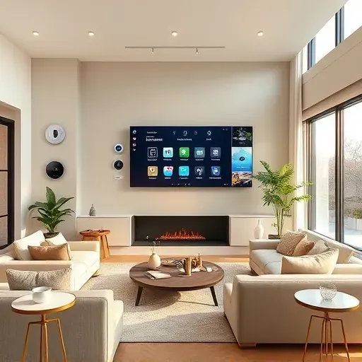 Modern smart home control center with touchscreen display, surrounded by thermostats, lighting, cameras, and voice assistants in a sleek, minimalistic living space.