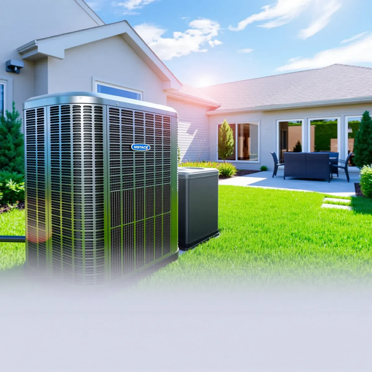 HVAC outdoor unit on a Northlake, TX backyard patio with desert plants, gravel, and a modern stucco home backdrop.