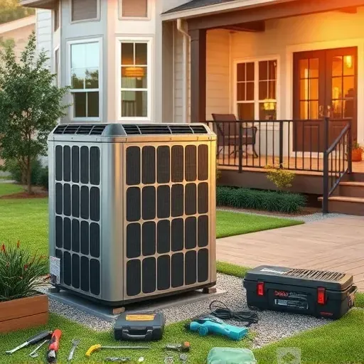 Outdoor residential air conditioning unit in Benbrook, TX, with tools and lush backyard scenery for professional repair.