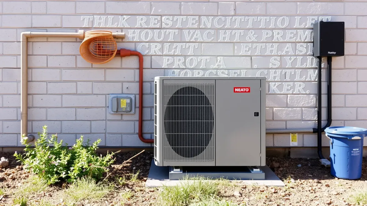 Outdoor HVAC system in Northlake, TX with metallic surfaces, Texas plants, modern building, under clear blue sky.