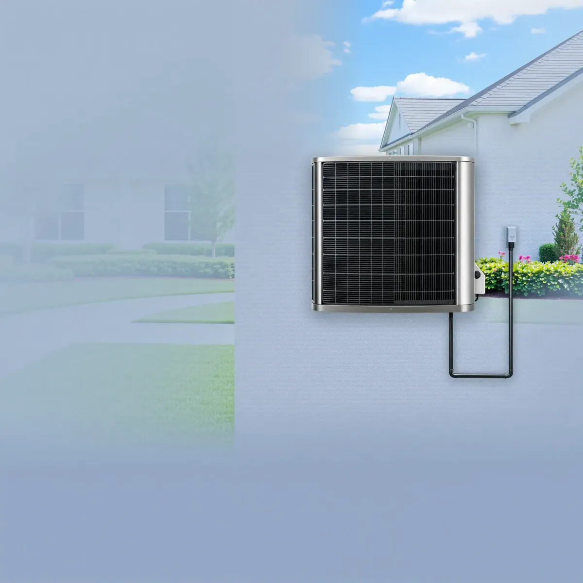 Outdoor high-efficiency HVAC system installed in Hudson Oaks, TX, with modern design, lush landscaping, and clear skies.