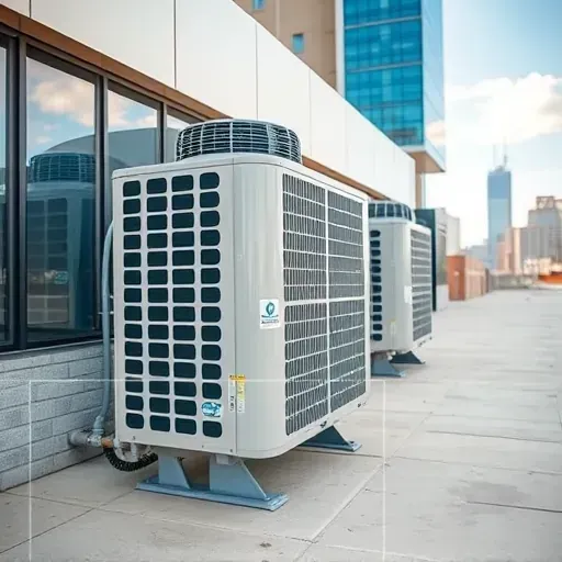 New air conditioning condenser installed on a modern Fort Worth building exterior with city skyline in the background