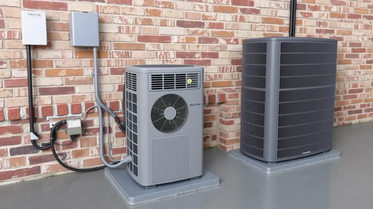Modern HVAC system in a well-organized utility closet, showcasing sleek air conditioner, ductwork, and detailed components.