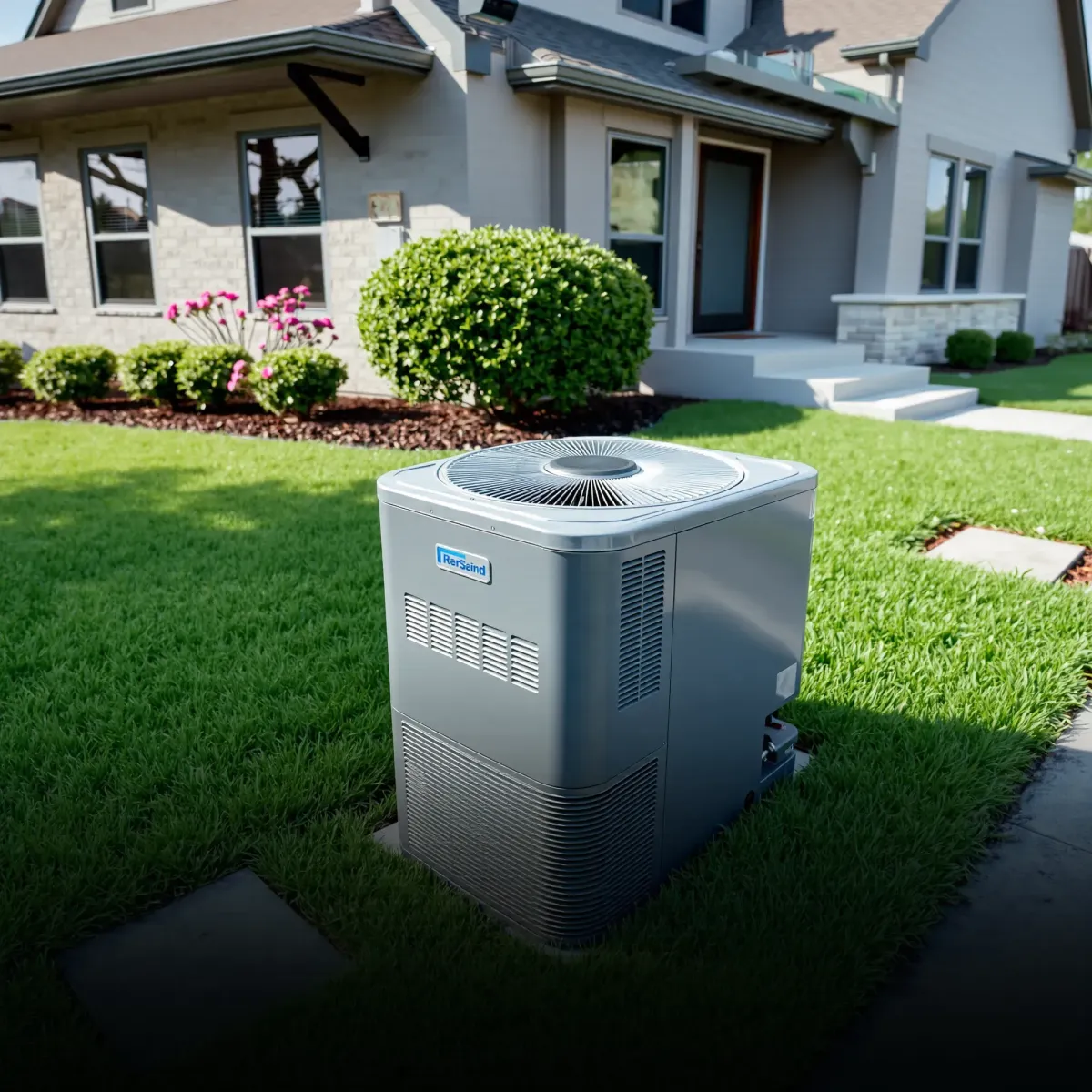 Completed air conditioning repair in Northlake, TX; new HVAC unit installed in a lush backyard with tools nearby.