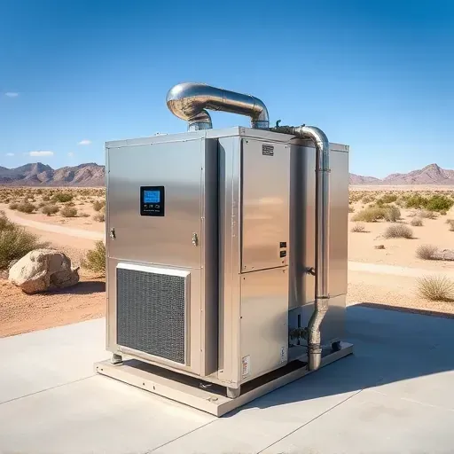 Modern HVAC system with digital controls installed outside a building in Horseshoe Bend, TX, against a sunny desert landscape.