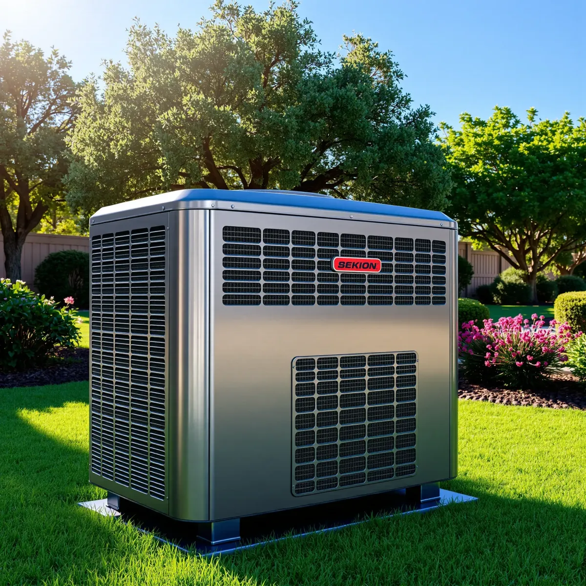 Outdoor HVAC system installed in Rendon, TX backyard with lush grass, trees, and clear blue sky, showcasing reliable, professional craftsmanship.