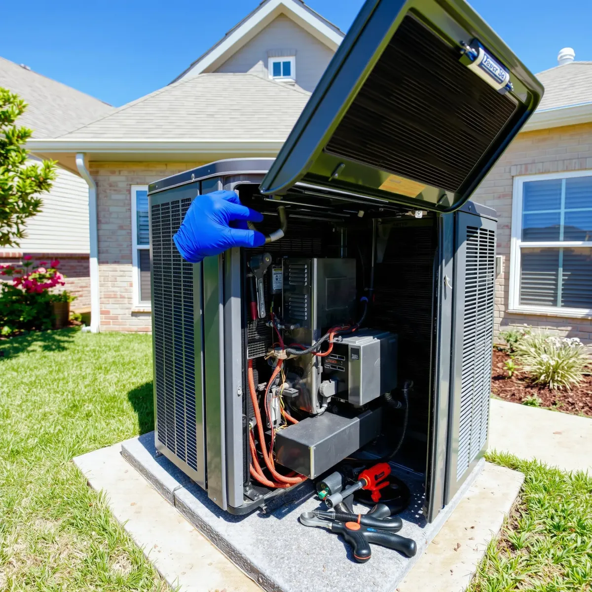 Outdoor view of a professional-installed, well-maintained central AC unit next to a modern home with lush yard in Shady Shores, TX.