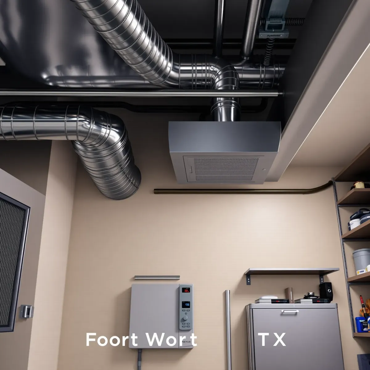 Freshly installed HVAC unit on a modern Fort Worth commercial building with clear blue sky and subtle Texas sunset glow.