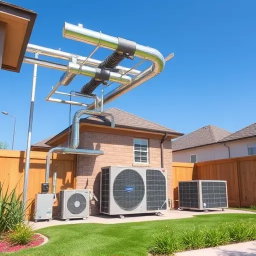 HVAC system with sleek ductwork and outdoor units in a landscaped backyard in Haslet, TX, showcasing quality installation.