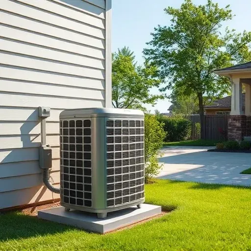 Repaired outdoor air conditioning unit on a modern home in Willow Park Texas with landscaped yard and sunny sky