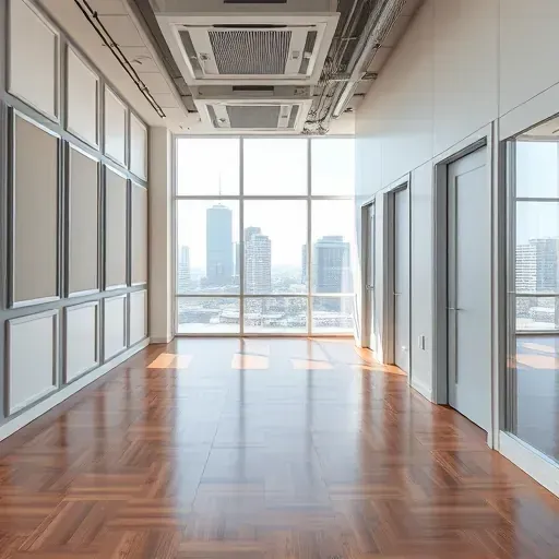 Modern office in Fort Worth with sleek soundproof panels, acoustic diffusers, insulated doors, hardwood floors, and city skyline views