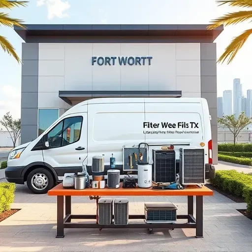 Filter replacement service in Fort Worth TX with a service vehicle, modern building, organized workspace, and city skyline.