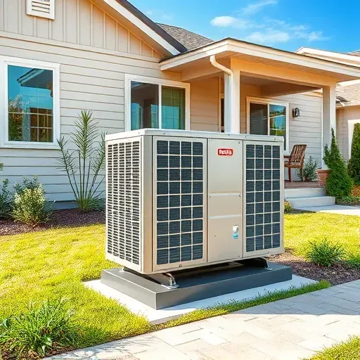 Repaired outdoor air conditioning unit on a landscaped suburban lawn with house and blue sky background.