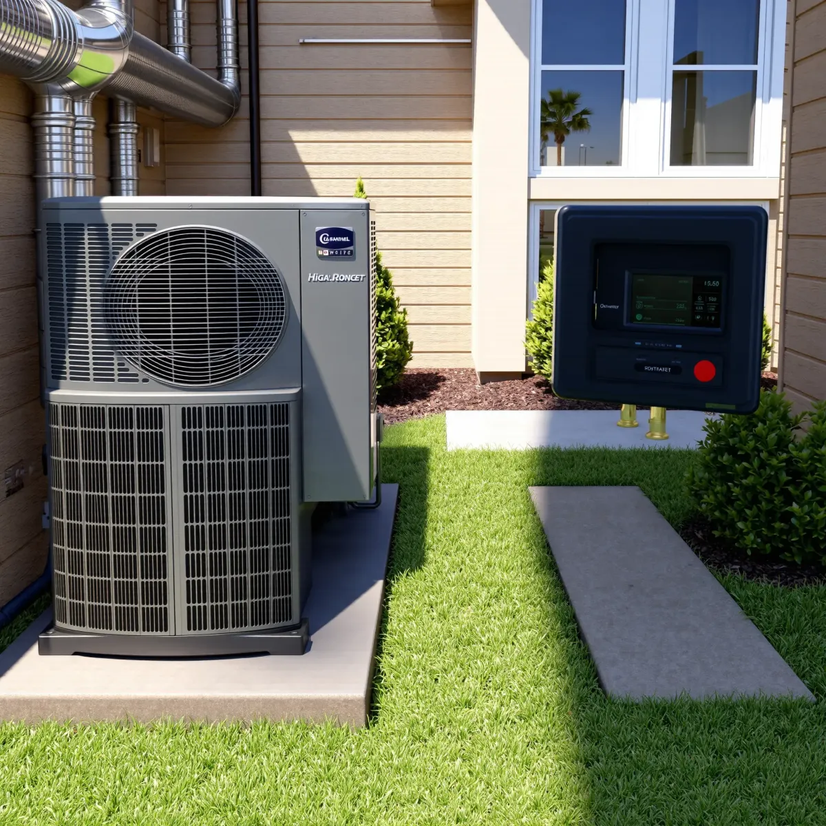 Outdoor modern HVAC system in Richland Hills, TX with sleek metallic unit, ductwork, digital control, and landscaped yard.