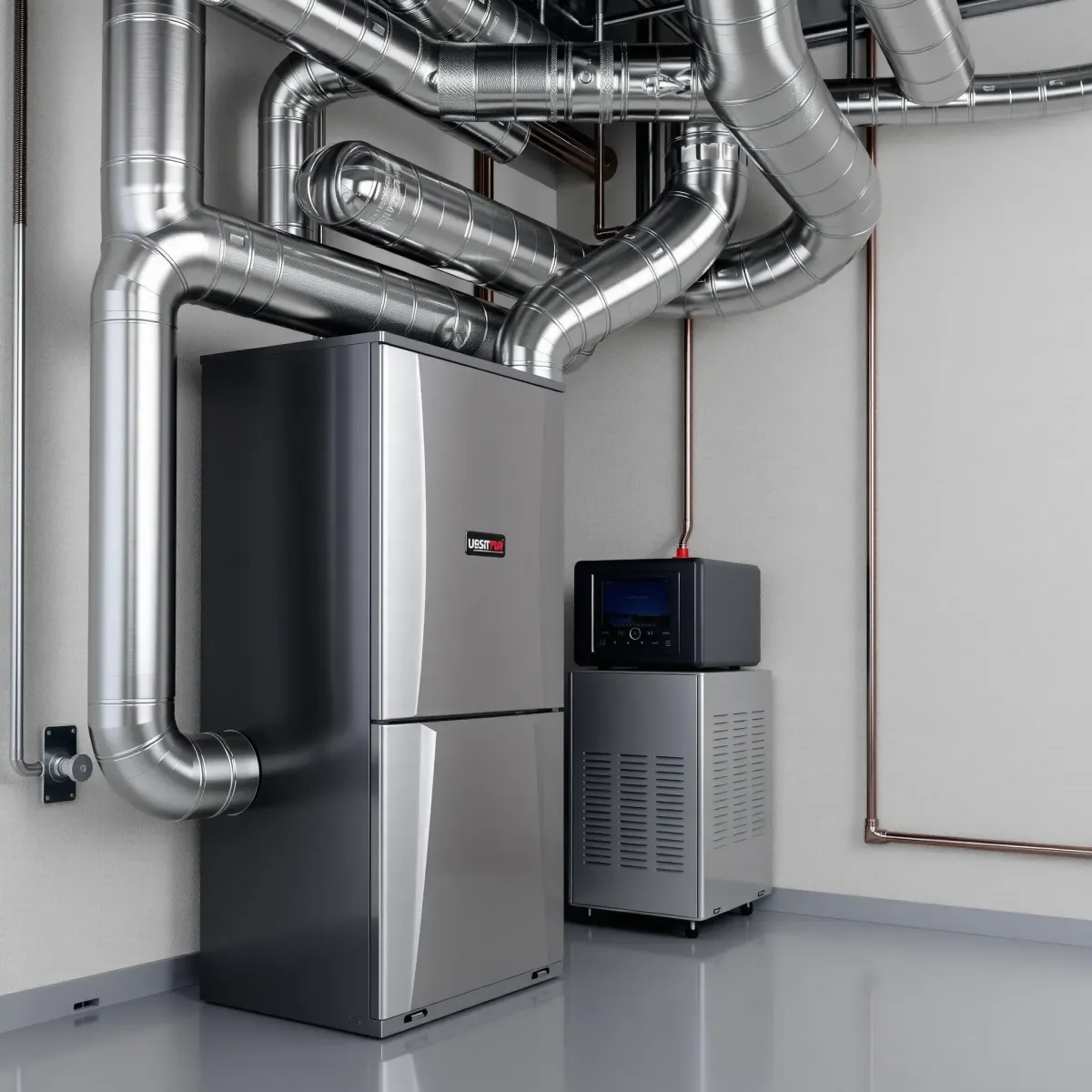 Image of a new, well-maintained HVAC system with sleek furnace and ductwork in a clean utility room.