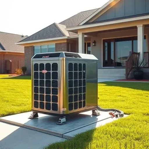 Well-maintained outdoor air conditioning unit on paved slab in Lake Dallas TX, surrounded by green lawn and residential backdrop