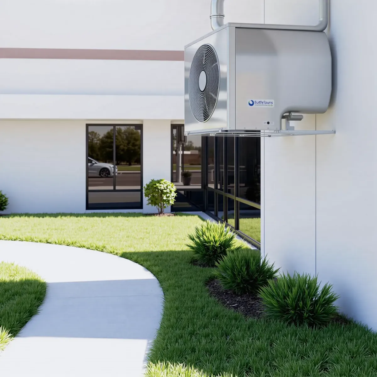 Completed HVAC system on a clean exterior wall in North Richland Hills, TX, with detailed piping and modern design.