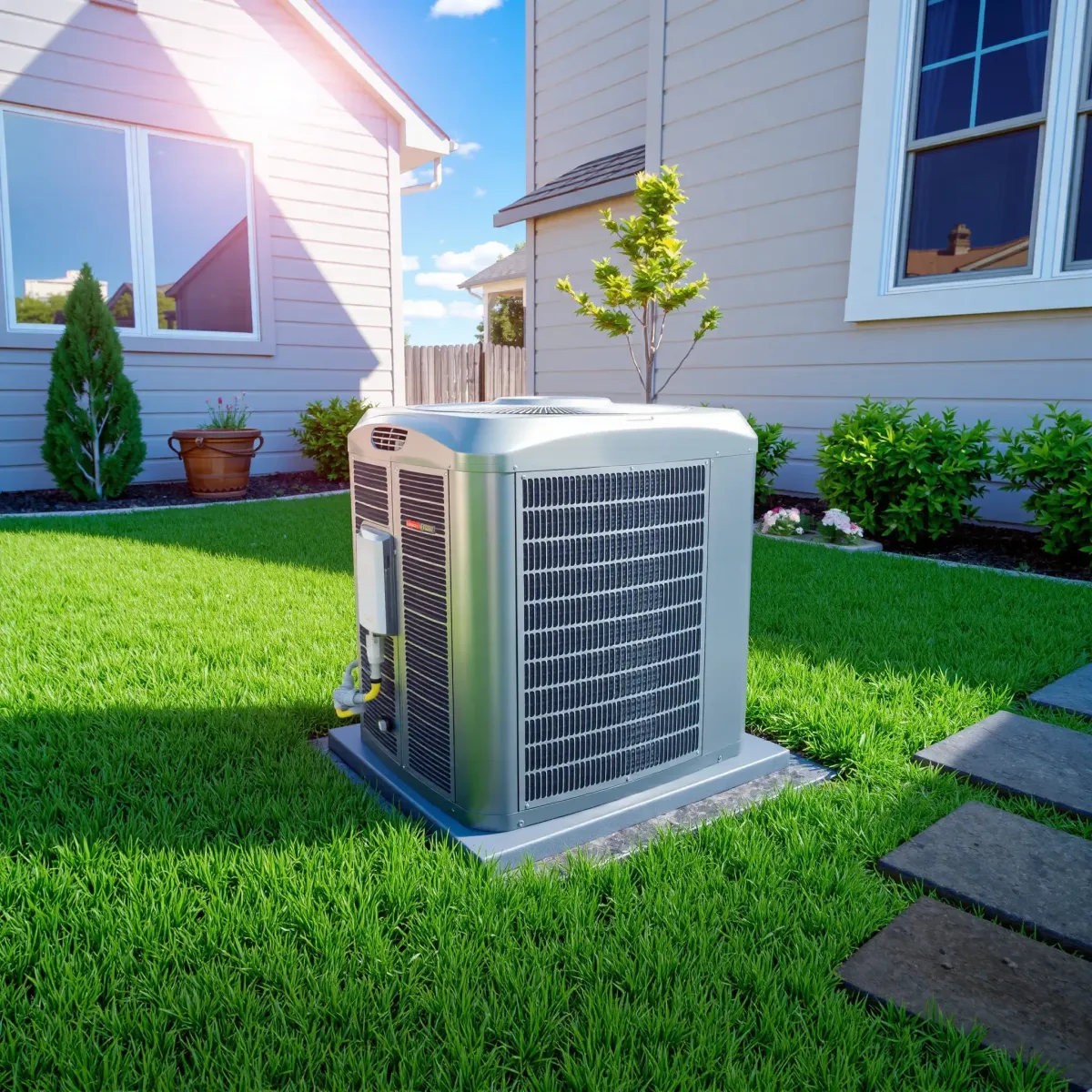 Outdoor residential AC unit on concrete pad, toolbox with tools, Texas landscape background, multimeter, natural lighting.