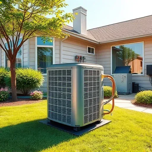 Outdoor modern AC unit installed in a tidy Texas yard with lush grass, flowers, trees, and a sunny house.