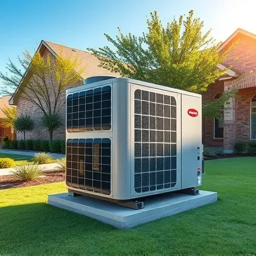 High-efficiency outdoor HVAC system installed beside a residential home in Blue Mound, TX, with lush surroundings.