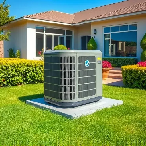 Recently repaired outdoor AC unit on a clean concrete pad in a lush backyard with a modern house and bright blue sky.