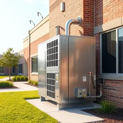 Modern HVAC unit mounted outside a commercial building in White Settlement, TX, with detailed metallic surfaces and landscaping.