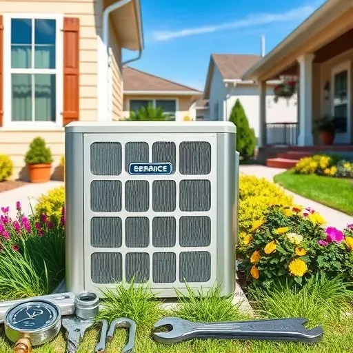 Recently repaired air conditioning unit in a suburban yard, featuring tools and a well-kept home in the background.