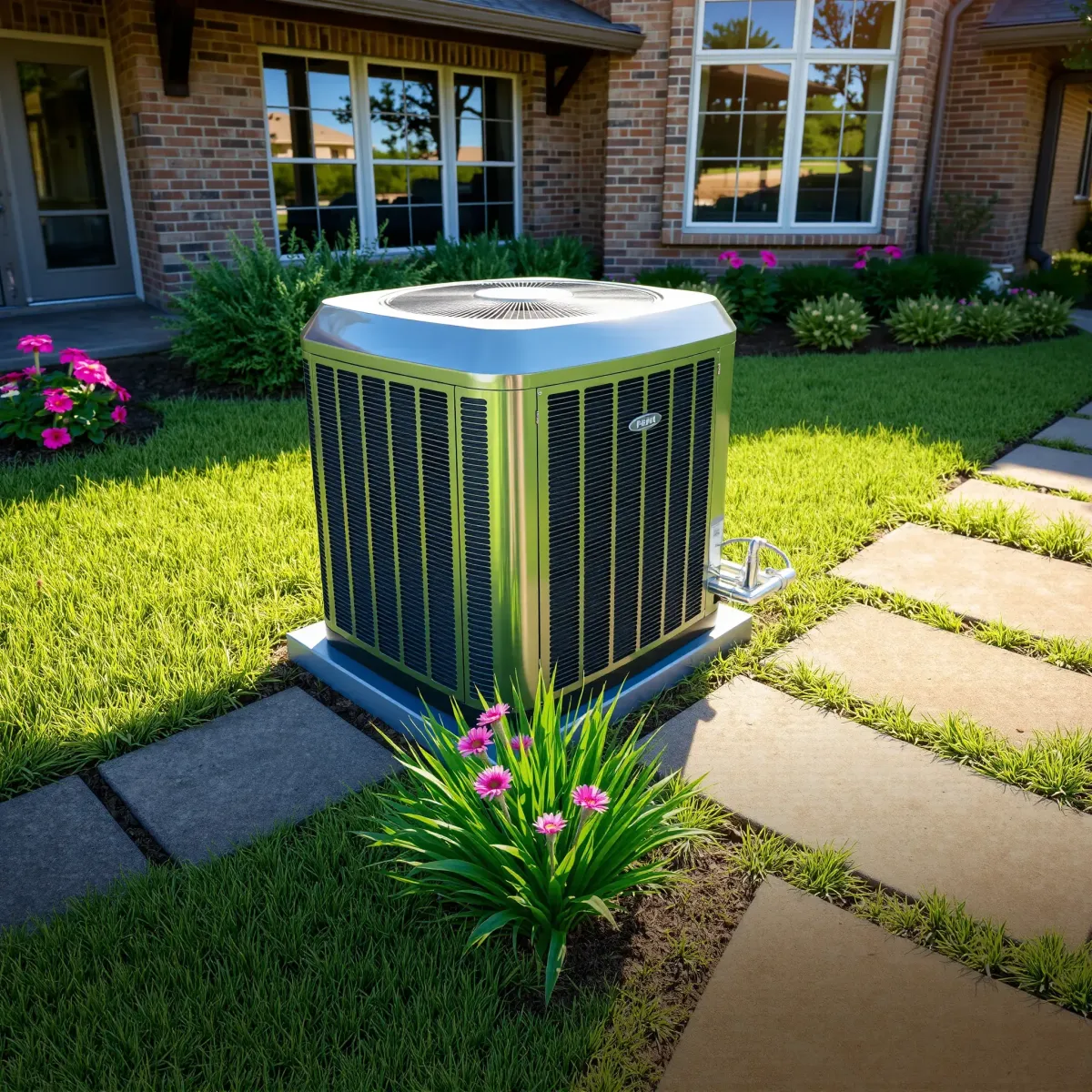 Modern outdoor HVAC unit on a concrete pad in a lush, suburban Roanoke, TX backyard under a blue Texas sky.