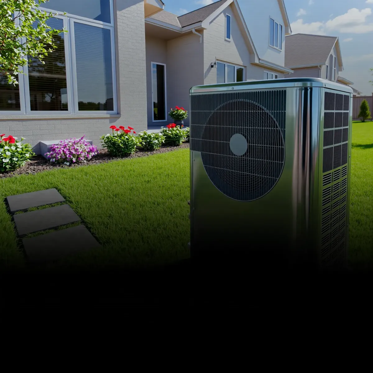 Modern residential HVAC system installed outside a stylish house in Benbrook, TX, surrounded by lush greenery and bright sunlight.