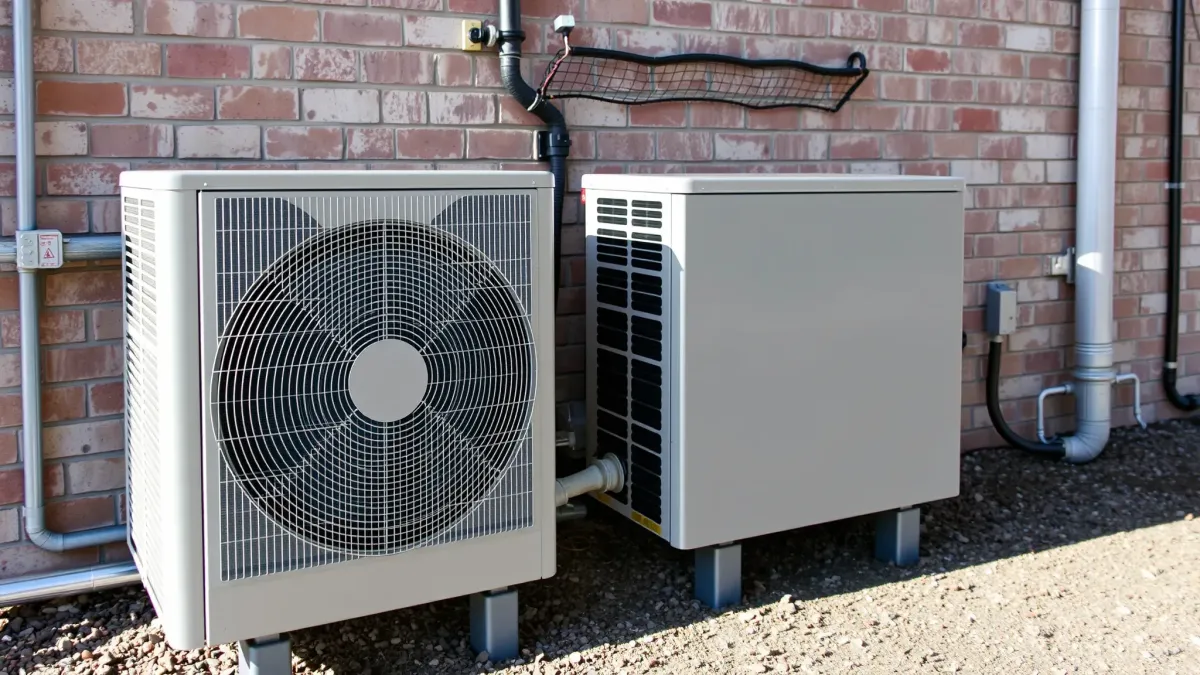 Fully installed outdoor HVAC system in Justin, TX with sleek metallic unit, green grass, and clear blue sky.