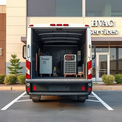Modern air conditioning repair truck parked in front of a sleek commercial building in Fort Worth, TX with branding visible.