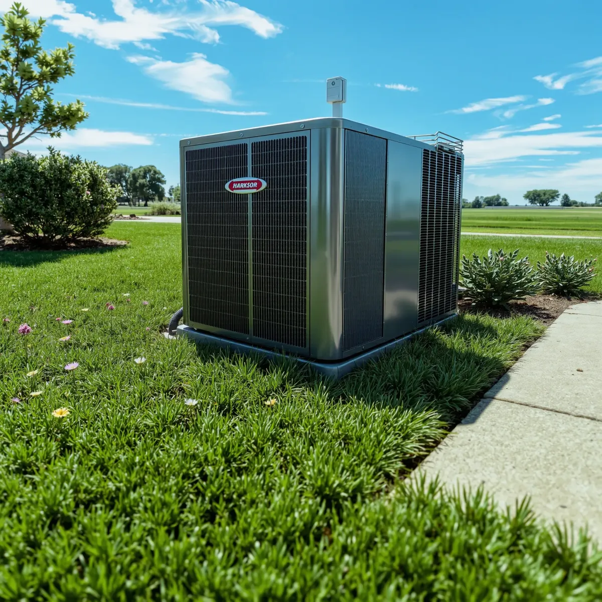 Outdoor HVAC unit on a residential lawn in Lakeside, TX, with green grass, wildflowers, shrubs, blue sky, and distant trees.