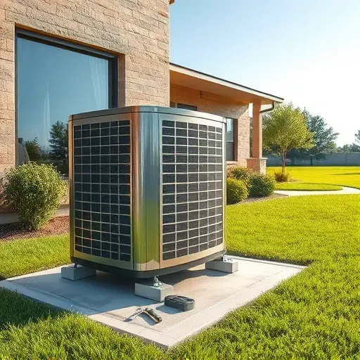 Modern air conditioning unit on concrete pad in Fort Worth TX, surrounded by lush lawn and contemporary home setting.