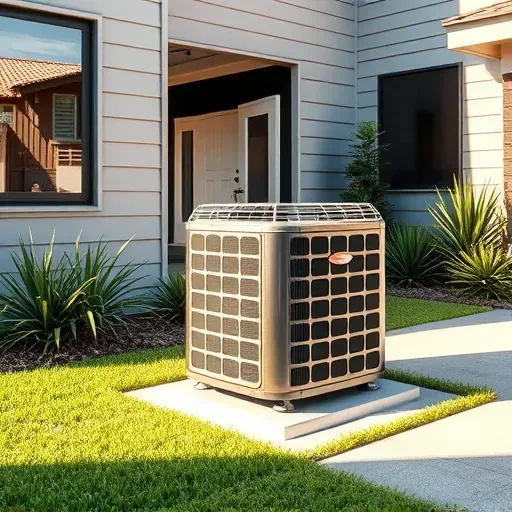 Repaired outdoor air conditioning unit on a modern home in North Richland Hills Texas with lush garden greenery