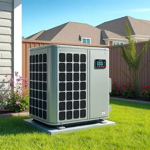 Freshly repaired high-efficiency air conditioner outside a modern home in Richland Hills TX with lush yard and blue sky