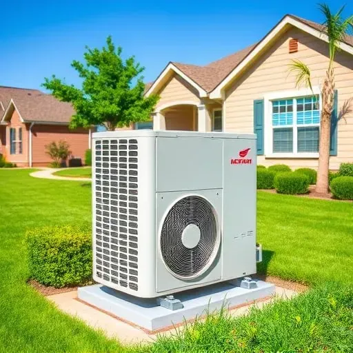 Repaired outdoor high-efficiency A/C unit on concrete pad in Shady Shores, TX, with landscaping and residential background.
