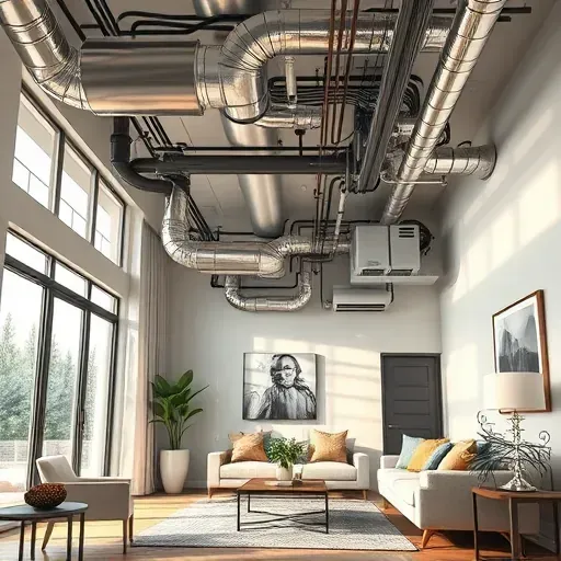 Completed HVAC system in modern Hickory Creek home features sleek ductwork and advanced equipment in elegant living room.