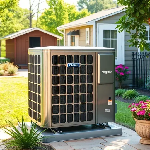 Outdoor modern air conditioning unit in a lush home backyard in Azle, TX, with polished surfaces and clear branding.