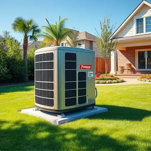 Repaired outdoor energy-efficient air conditioning unit on a concrete pad in a landscaped yard in Blue Mound TX under sunny skies