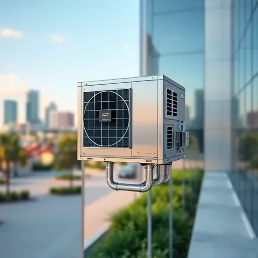 Modern commercial HVAC unit installed on a Fort Worth building exterior with sleek design, metallic details, and lush landscaping