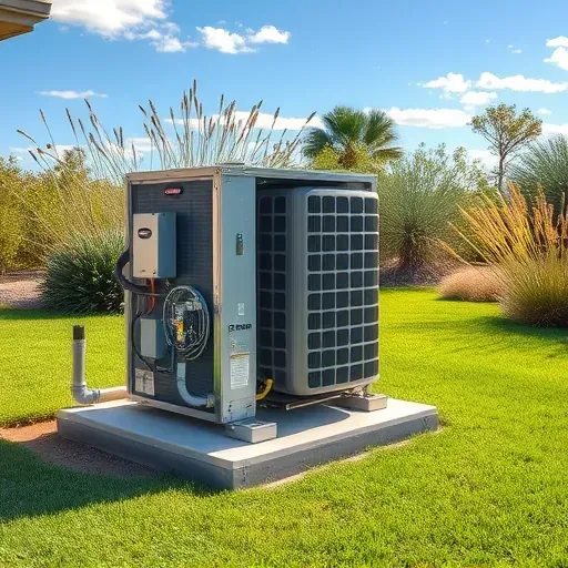 Fully installed outdoor air conditioning unit on a concrete pad surrounded by green grass and Texas native plants in Horseshoe Bend Texas