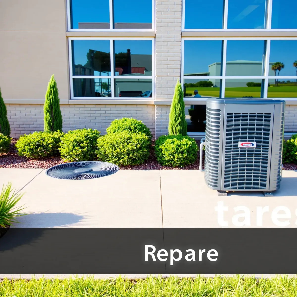 Well-maintained outdoor air conditioning unit beside a modern home in White Settlement, TX with lush landscaping and clear sky.