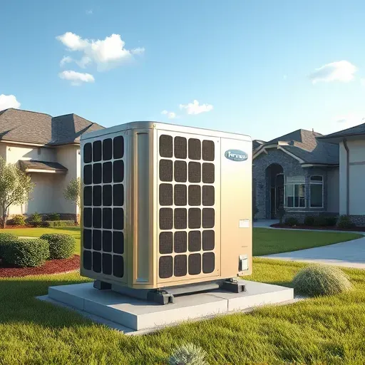 Modern HVAC outdoor unit installed in Haltom City, TX, on a concrete pad amid landscaped yard and suburban homes.