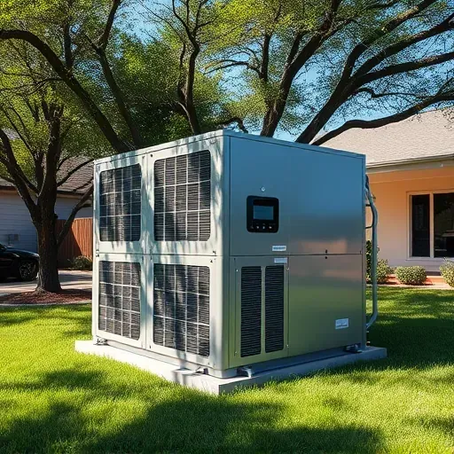 Outdoor modern HVAC unit in Rendon, TX yard, with sleek metallic surfaces, digital displays, lush greenery, and clear sky.